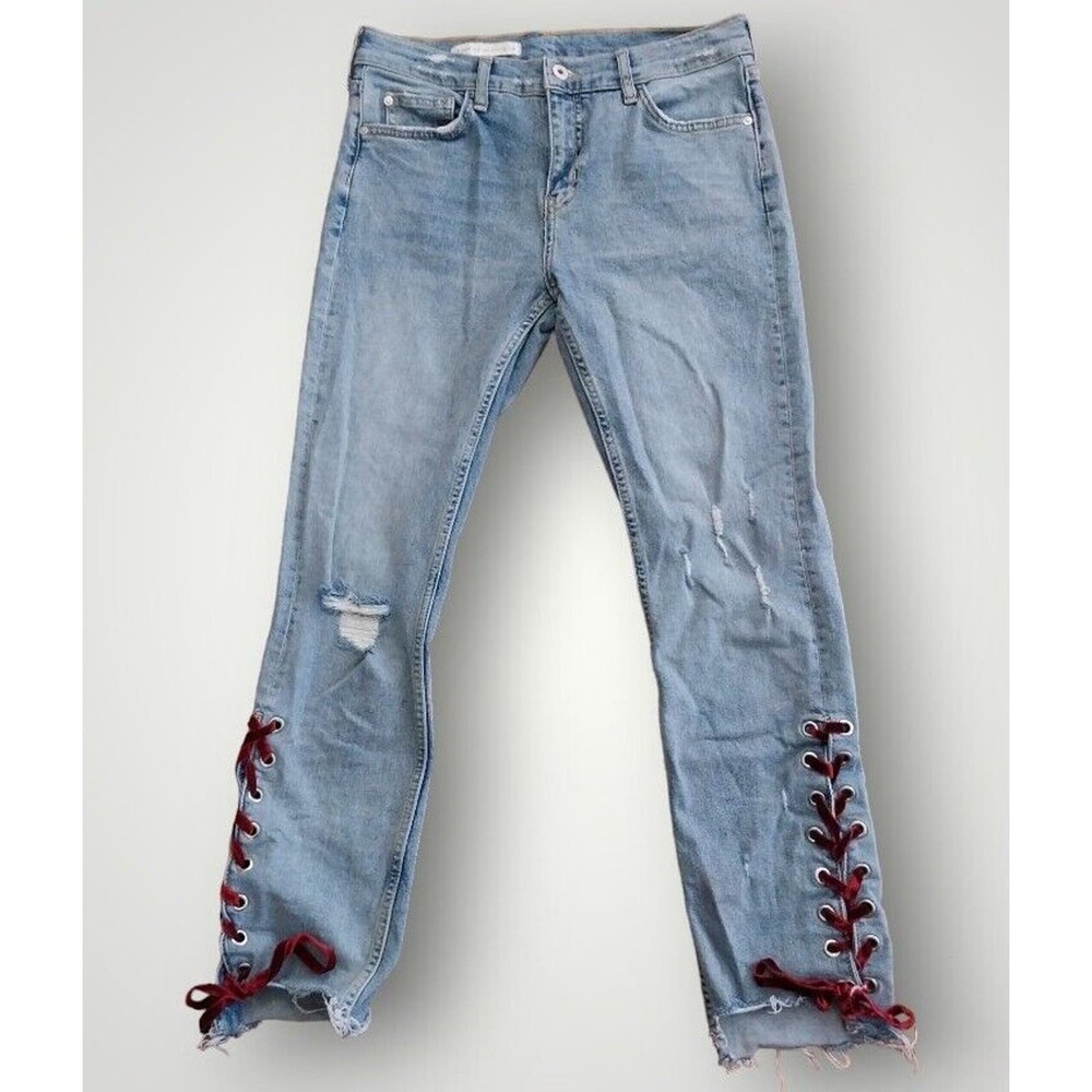 Anthropologie Pilcro Slim Straight Jeans Size 29 Raw Hem Lace Up Denim